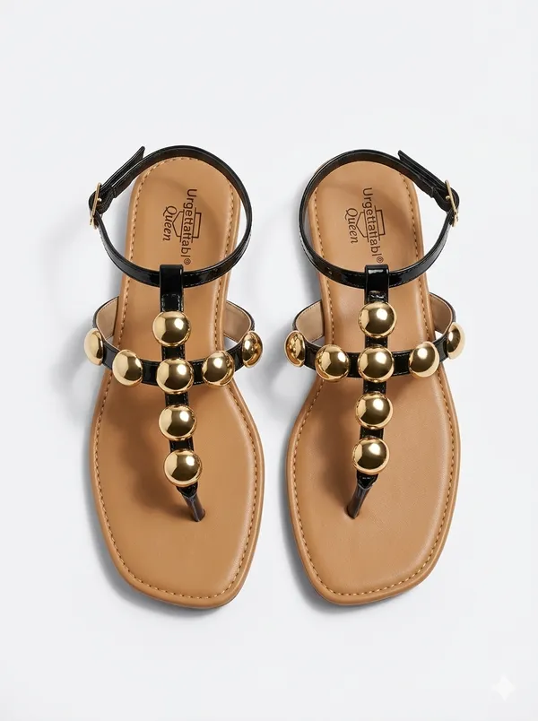 Brown_And_Black_Synthetic_Leather_Embellished_Strappy_Flat_Sandals_For_Women