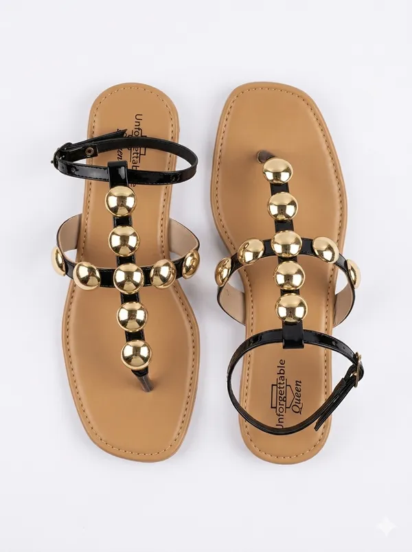 Brown_And_Black_Synthetic_Leather_Embellished_Strappy_Flat_Sandals_For_Women