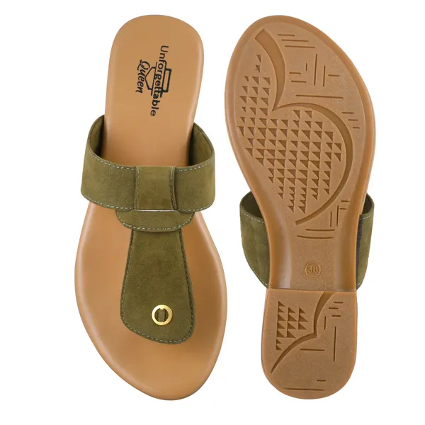Beige_And_Olive_Velvet_Toe-Loop_Flat_Sandals_For_Women