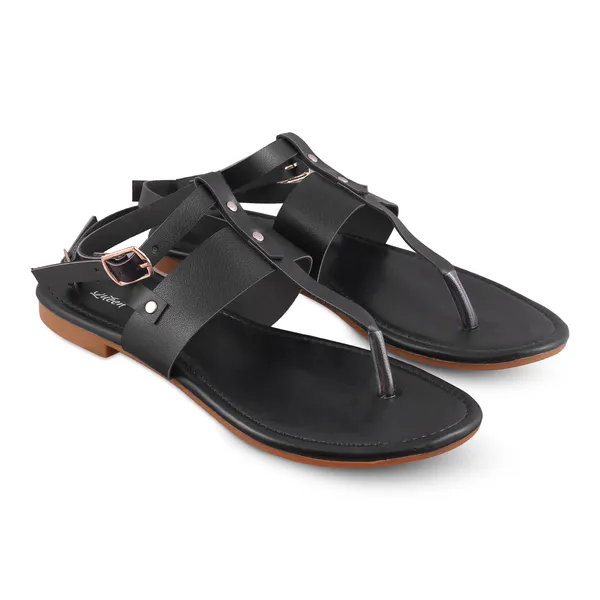 Black_Synthetic_Leather_Strappy_Flat_Sandals_For_Women