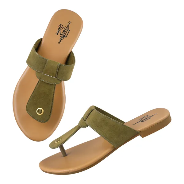 Beige_And_Olive_Velvet_Toe-Loop_Flat_Sandals_For_Women