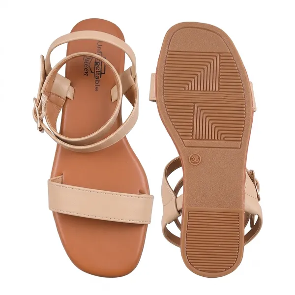 Beige_Velvet_Strappy_Flat_Sandals_For_Women