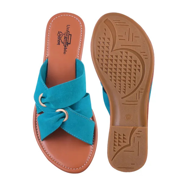 Brown_And_Teal_Velvet_Cross_Strap_Flat_Sandals_For_Women
