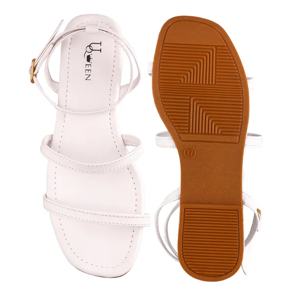 White_Canvas_Ankle_Strap_Flat_Sandals_For_Women