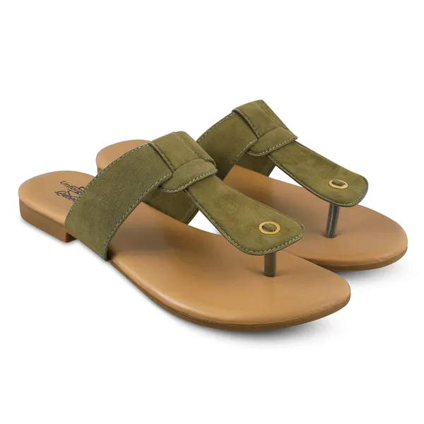 Beige_And_Olive_Velvet_Toe-Loop_Flat_Sandals_For_Women