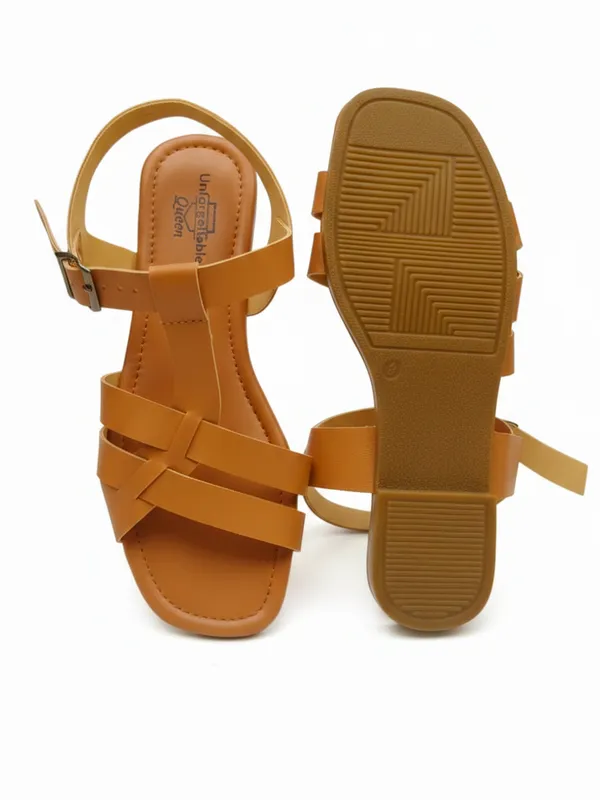 Tan_Synthetic_Leather_Strappy_Flat_Sandals_For_Women