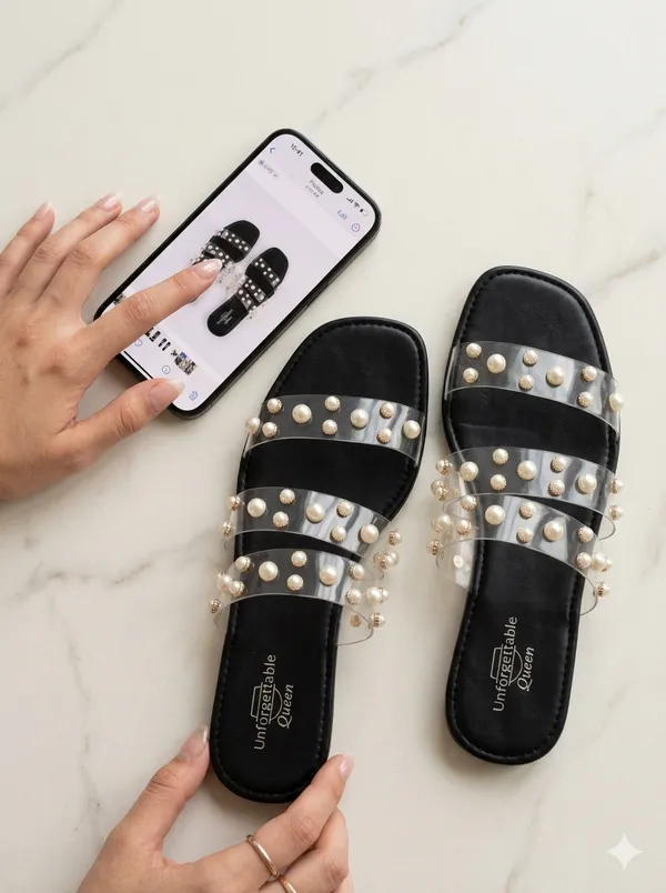Black_Tpu_Transparent_Pearl_Strap_Flat_Sandals_For_Women