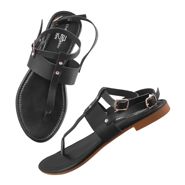 Black_Synthetic_Leather_Strappy_Flat_Sandals_For_Women
