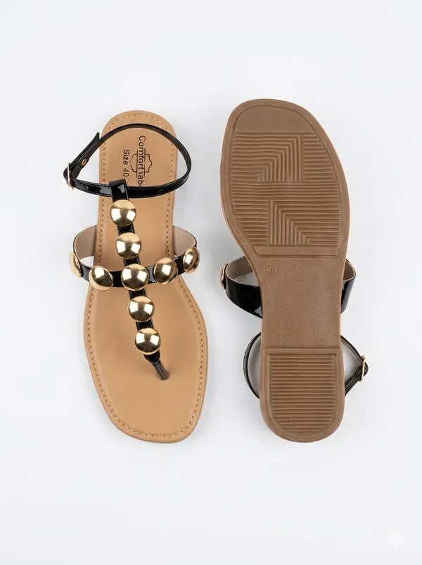 Brown_And_Black_Synthetic_Leather_Embellished_Strappy_Flat_Sandals_For_Women