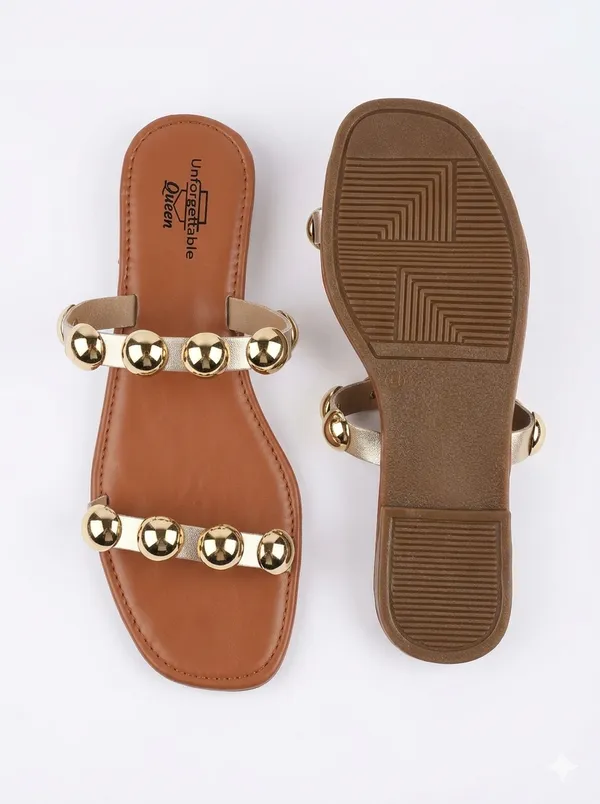 Tan_Synthetic_Leather_Studded_Flat_Sandals_For_Women