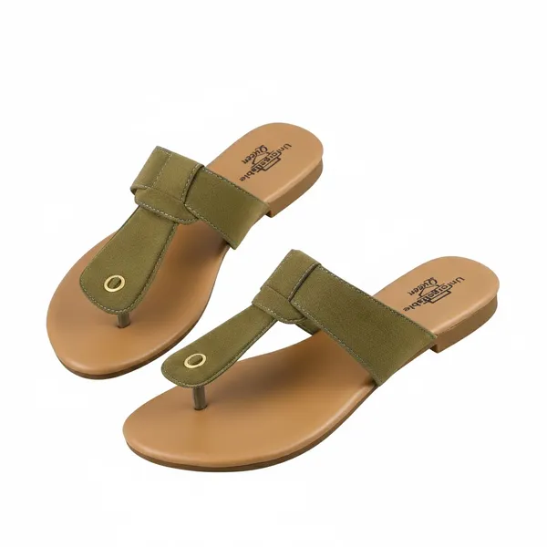 Beige_And_Olive_Velvet_Toe-Loop_Flat_Sandals_For_Women