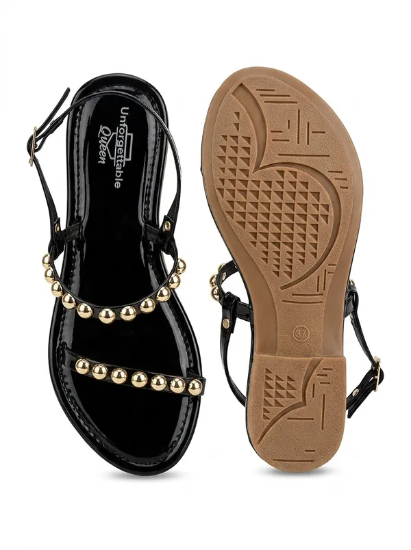 Black_Nubuck_Embellished_Flat_Sandals_For_Women