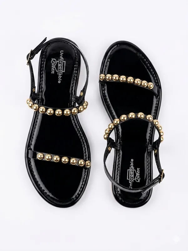 Black_Nubuck_Embellished_Flat_Sandals_For_Women
