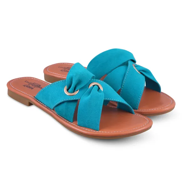 Brown_And_Teal_Velvet_Cross_Strap_Flat_Sandals_For_Women