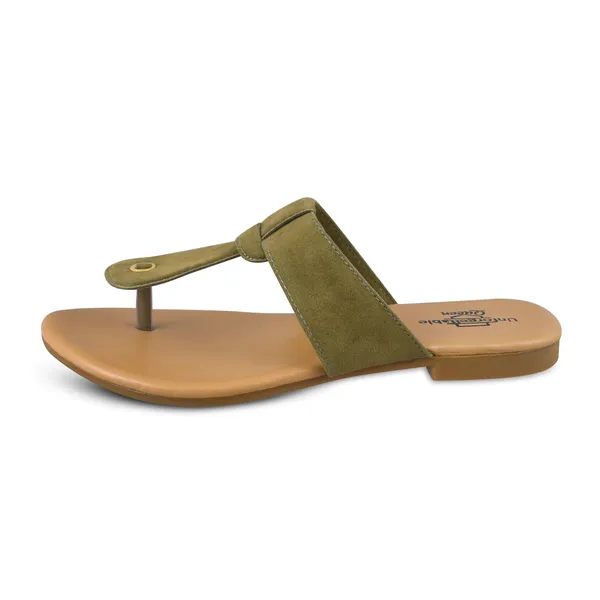 Beige_And_Olive_Velvet_Toe-Loop_Flat_Sandals_For_Women