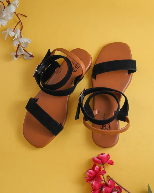 Brown_And_Black_Velvet_Strappy_Flat_Sandals_For_Women