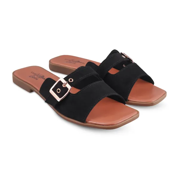 Brown_And_Black_Velvet_Buckle_Strap_Flat_Sandals_For_Women