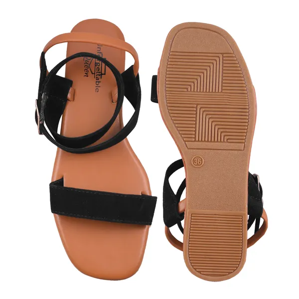 Brown_And_Black_Velvet_Strappy_Flat_Sandals_For_Women