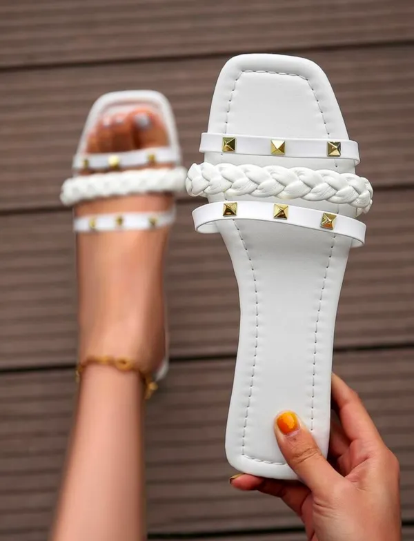 White_Softy_Napa_Studded_Braided_Flat_Sandals_For_Women