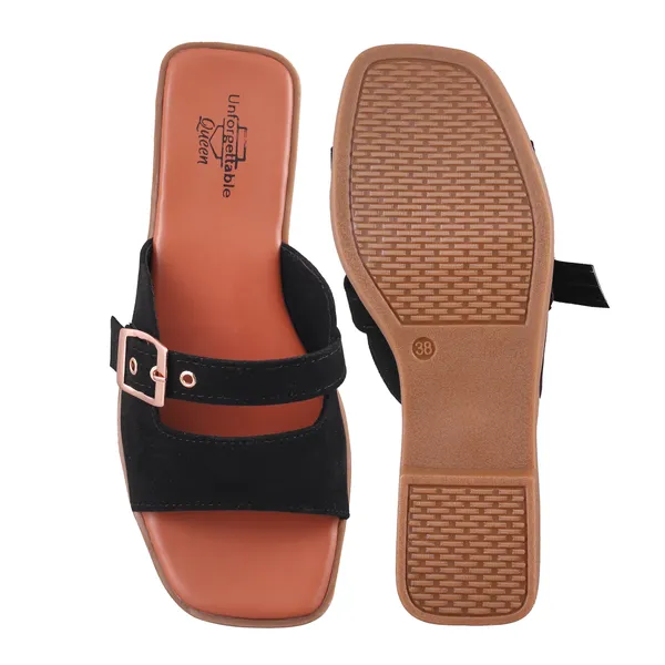 Brown_And_Black_Velvet_Buckle_Strap_Flat_Sandals_For_Women