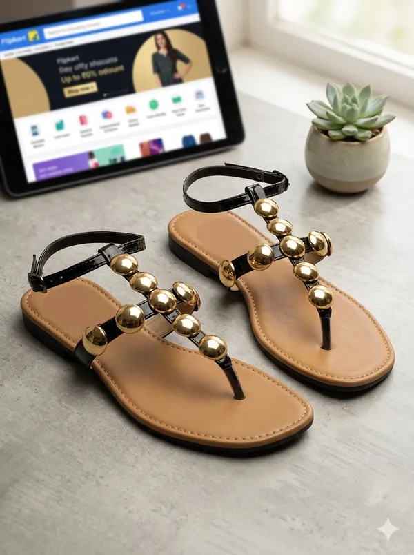 Brown_And_Black_Synthetic_Leather_Embellished_Strappy_Flat_Sandals_For_Women
