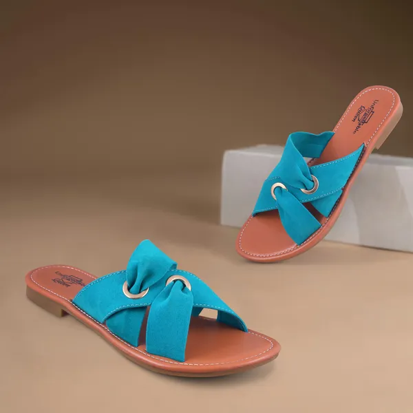 Brown_And_Teal_Velvet_Cross_Strap_Flat_Sandals_For_Women