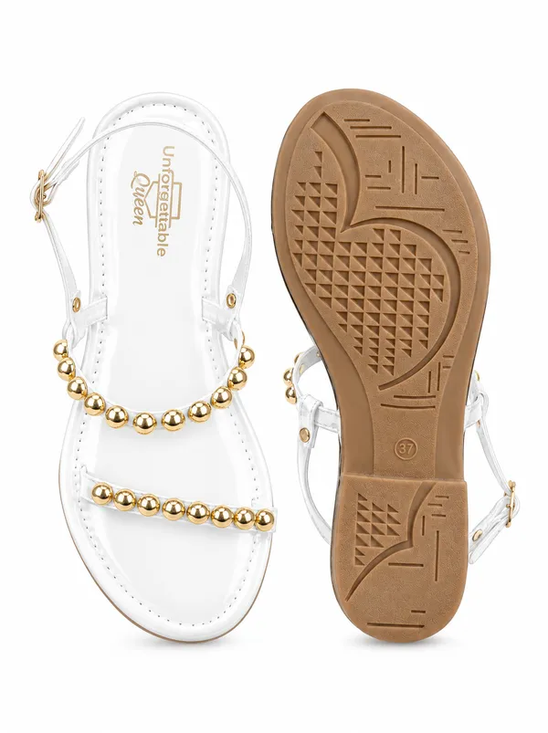 White_gold_baton_Flat_Sandals_For_Women