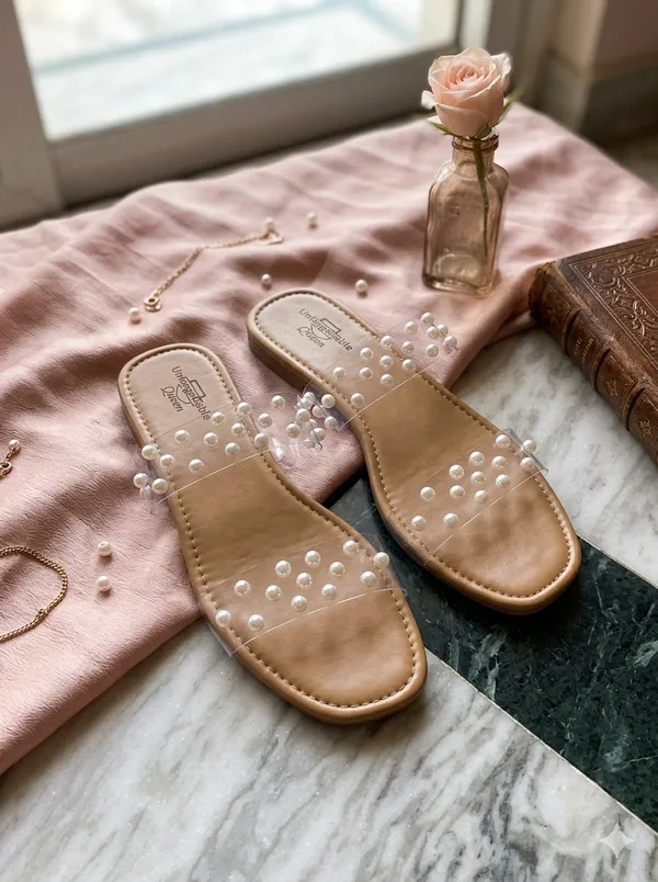 Beige_Transparent_Pearl_Embellished_Flat_Sandals_For_Women