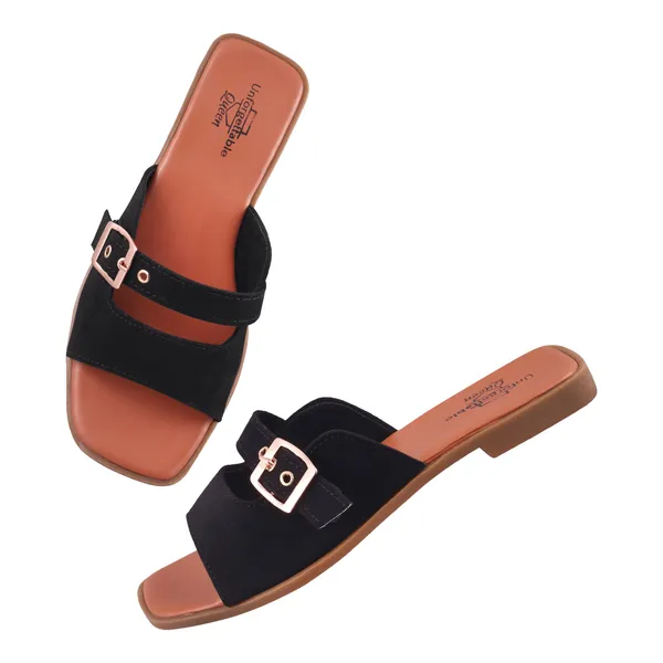 Brown_And_Black_Velvet_Buckle_Strap_Flat_Sandals_For_Women