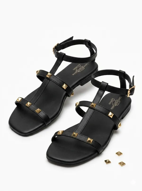 Black_Napa_Embellished_Strappy_Flat_Sandals_For_Women