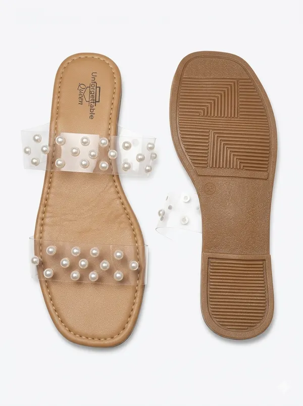 Beige_Transparent_Pearl_Embellished_Flat_Sandals_For_Women