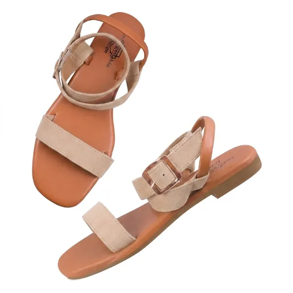 Beige_Velvet_Strappy_Flat_Sandals_For_Women