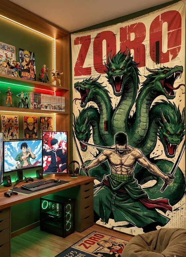 Anime_Swordsman_Wall_Tapestry_With_Multi_Headed_Dragon_Design_In_A_Green_Themed_Gaming_Room
