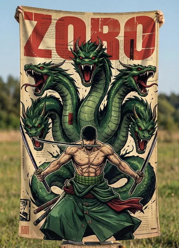 Anime_Swordsman_Wall_Tapestry_With_Multi_Headed_Dragon_Design_In_A_Green_Themed_Gaming_Room