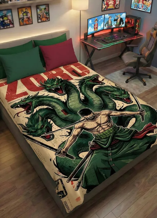 Anime_Swordsman_Wall_Tapestry_With_Multi_Headed_Dragon_Design_In_A_Green_Themed_Gaming_Room