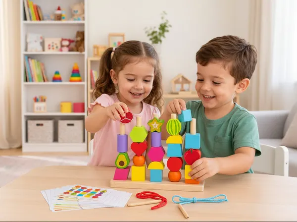 2_In_1_Wooden_Montessori_Shape_Stacking_And_Lacing_Threading_Toys_For_Toddlers_Fine_Motor_Skills_Development_Wooden_Stacking_Blocks_Lacing_Beads_Pack_Of_2