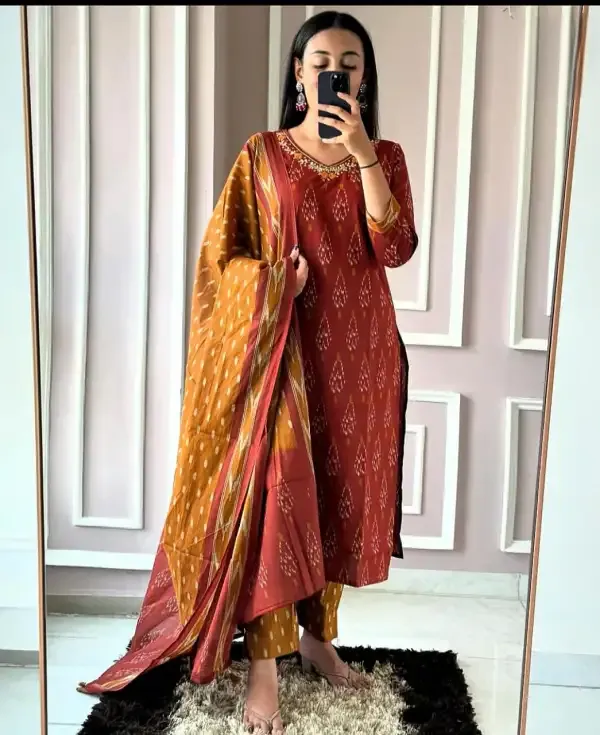 Maroon_Cotton_Ikat_Printed_Kurta_Pant_Dupatta_Set_For_Women