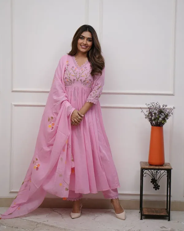 Pink_Cotton_Beautiful_Embroidery_And_Sequence_Work_Kurta_Set_For_Women