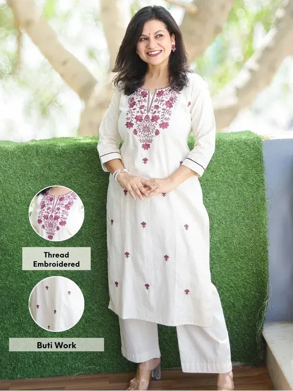 Cream_White_With_Rose_Thread_Embroidery_Neck_Work_Cotton_Kurti