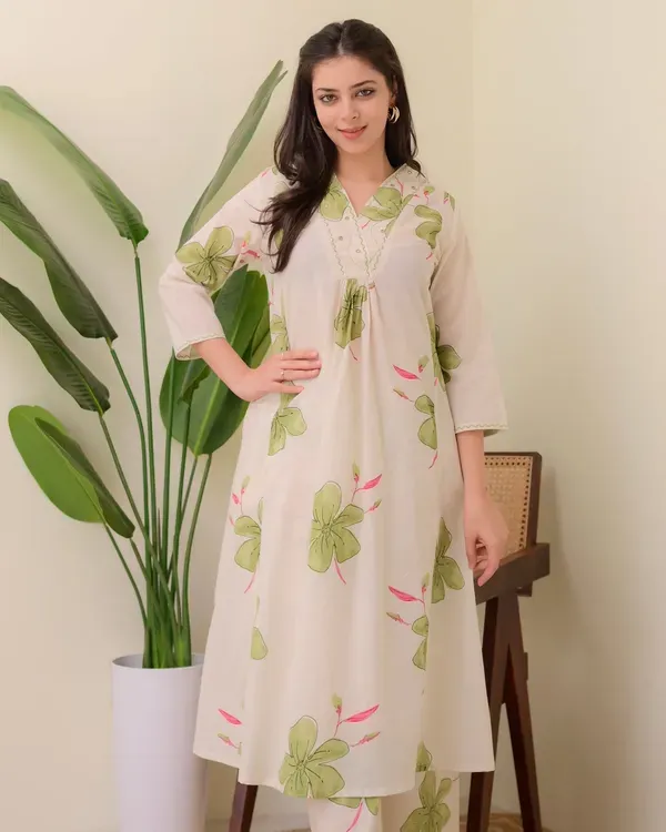 Ivory_Green_Floral_Cotton_A_Line_Kurta_Palazzo_Set_For_Women