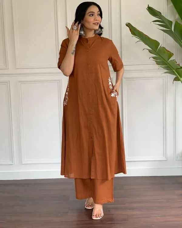 Brown_Rust_Embroidered_Cotton_Kurta_And_Palazzo_Set