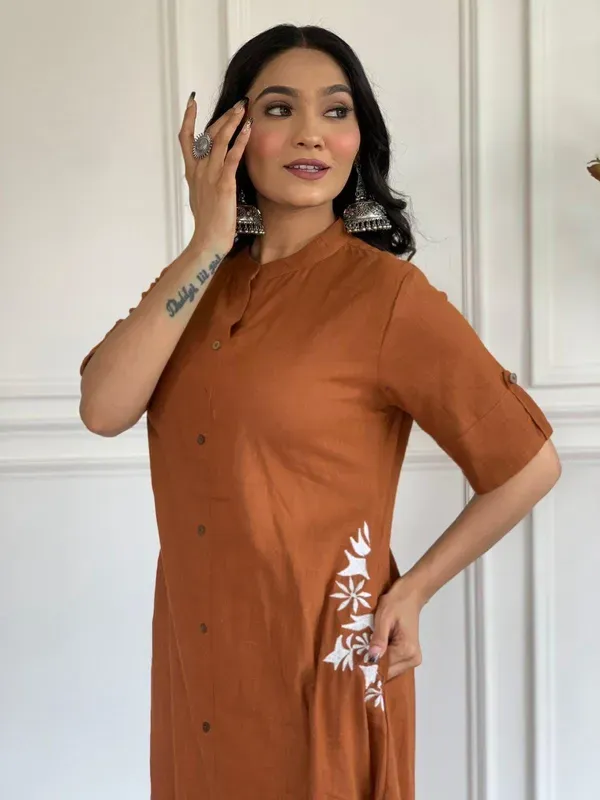 Brown_Rust_Embroidered_Cotton_Kurta_And_Palazzo_Set
