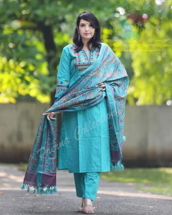 Elegant_Teal_Blue_Cotton_Kurta_Set_With_Embroidered_Neckline_And_Printed_Du_More