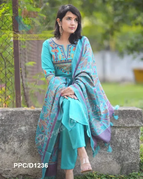 Elegant_Teal_Blue_Cotton_Kurta_Set_With_Embroidered_Neckline_And_Printed_Du_More