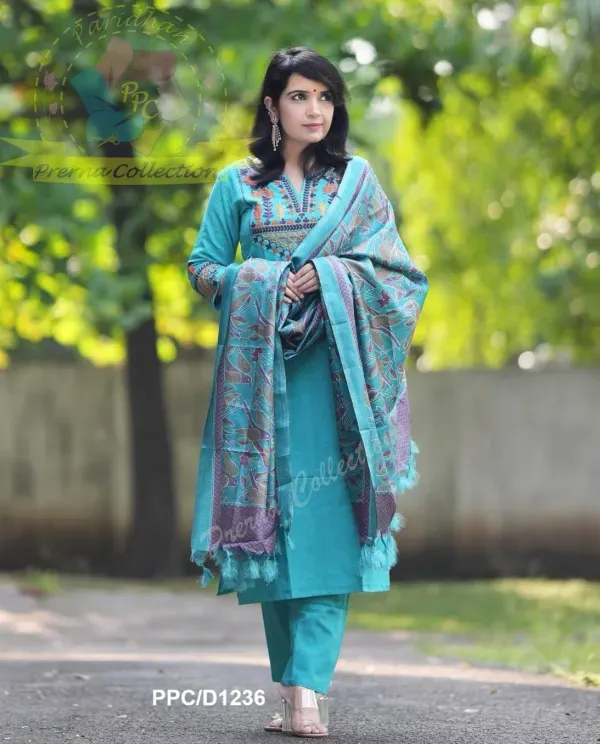 Elegant_Teal_Blue_Cotton_Kurta_Set_With_Embroidered_Neckline_And_Printed_Du_More