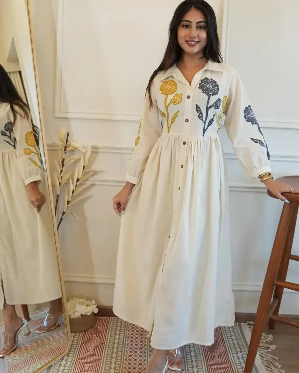 Off_White_Embroidered_Cotton_Gown_Yellow_Flower