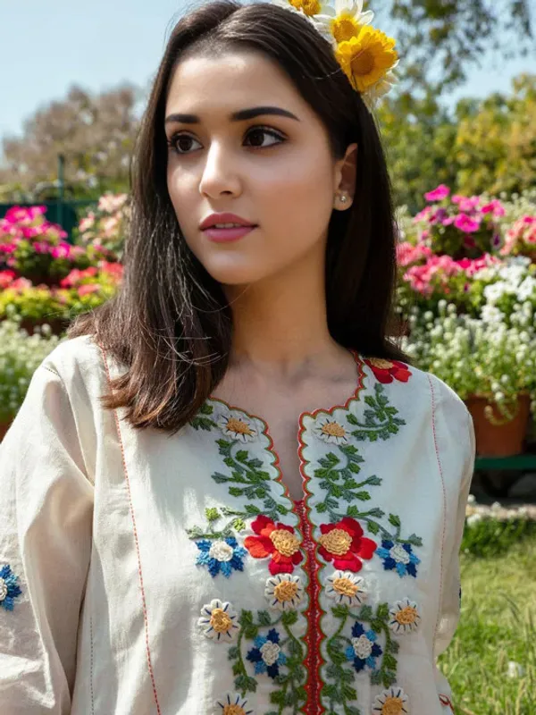Floral_Embroidered_Thread_Work_Pure_Cotton_A_Line_Kurta_With_Trousers