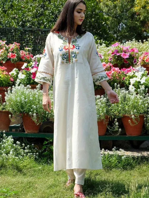Floral_Embroidered_Thread_Work_Pure_Cotton_A_Line_Kurta_With_Trousers