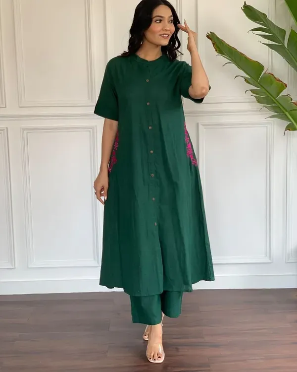 Dark_Green_Embroidered_Cotton_Kurta_And_Palazzo_Set