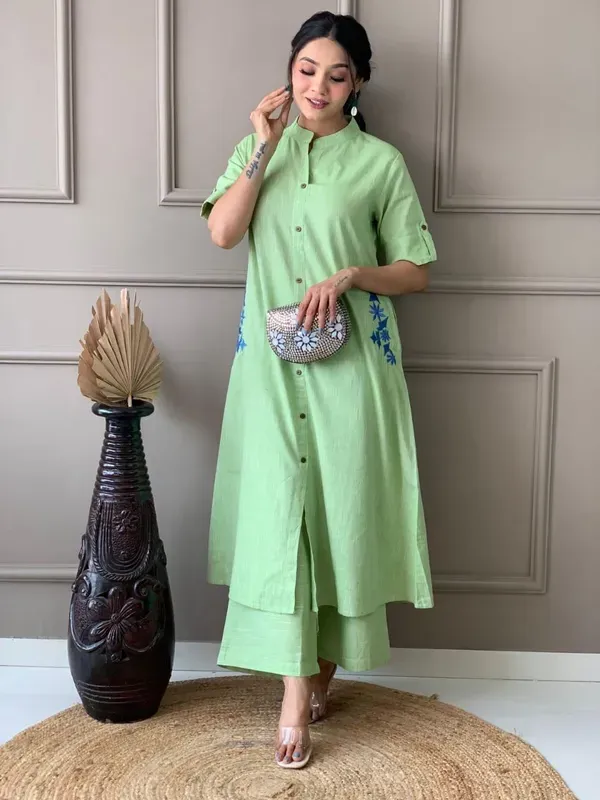 Light_Green_Embroidered_Cotton_Kurta_And_Palazzo_Set